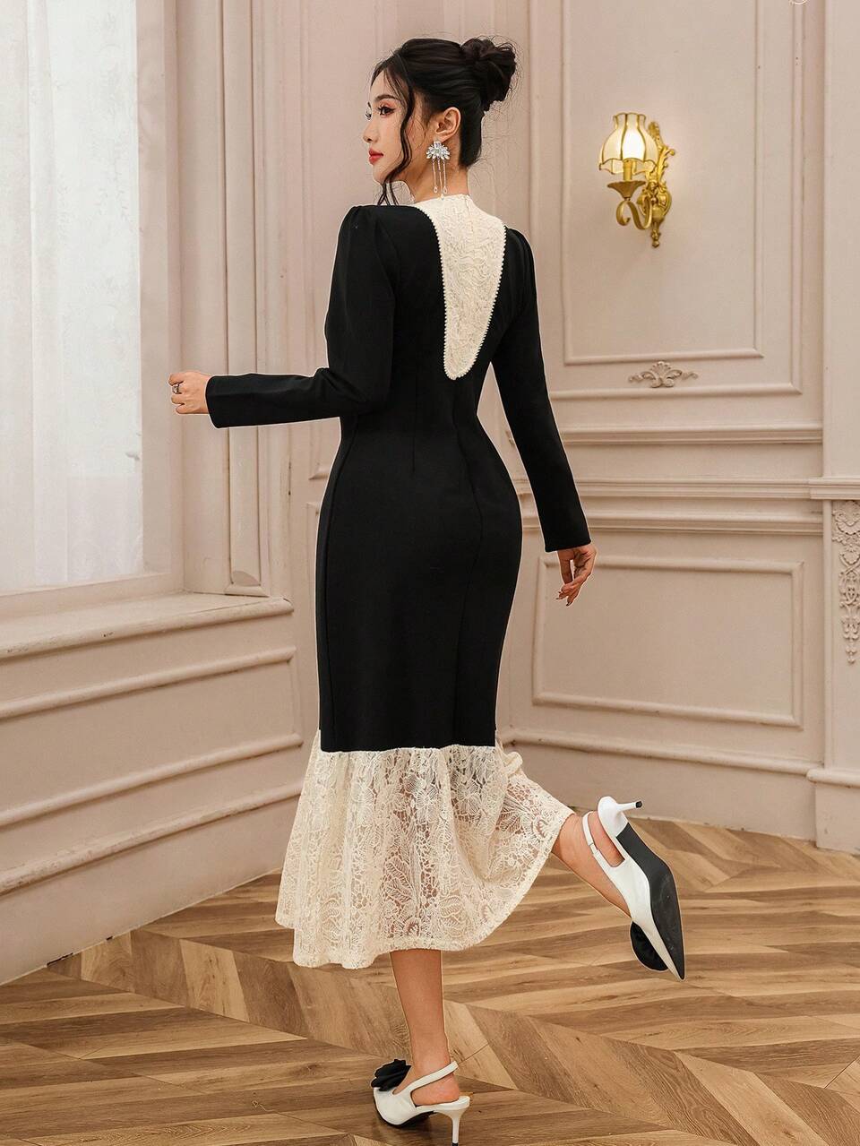 Vintage French Elegant Contrast Color Lace Patchwork Dress