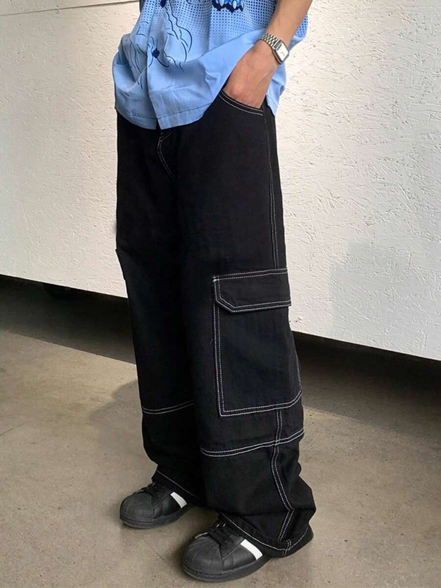 SHEIN 1件装休闲宽松撞色缝线直筒裤,适合青少年男孩,适合外出穿着。 - 黑色 - 查看 1