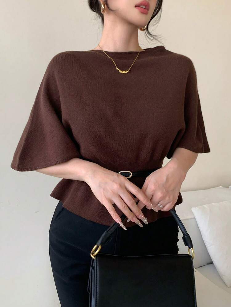 Waist Cinched Short Sleeve Unique & Beautiful Sweater With Belt, Women Knit Top Off The Shoulder