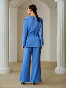 ZEYLAH 女士优雅宴会水钻仿珍珠装饰网纱喇叭袖上衣配腰带和喇叭裤两件套 - 藍色 - 查看 3