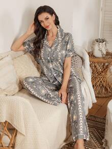 Serenescape Floral Print Button Front Pocket Short Sleeve Pajama Set For Women Lounge Sets For Women Floral Print Pajama Set Pajama Sets For Women - Multicolor - View 5