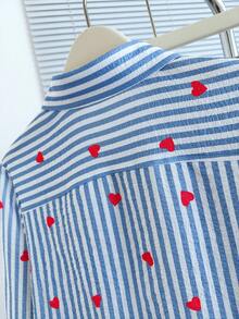 Resyla Women's Heart Print Long Sleeve Blue And White Stripe Shirt,Cute Preppy Tops For School,Back-To-School Autumn Basic Commuter Casual Cherry Shirt - Blue and White - View 6