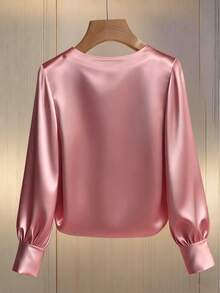 Franclia Women's Elegant Round Neck Pearl Embellished Long Sleeve T-Shirt, Suitable For Commuting - Pink - View 2