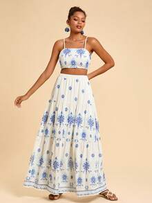 Travachic Women Boho White Folk-Custom Embroidered Spaghetti Strap Camisole Top And Maxi Skirt Two Piece Outfit - White - View 5