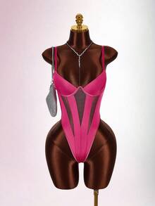 Amplova 女士纯色修身网纱拼接无袖夏季沙滩性感连体衣 - 玫紅色 - 查看 9