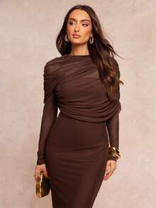 Silquee Elegant Romantic Solid Color Ruffle Collar Asymmetrical Pleated Waist Long Sleeve Dress - Coffee Brown - View 6