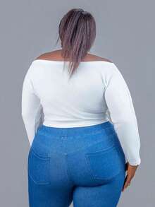 CurvyTilda Plus Size Women's Casual Off Shoulder Short White Long Sleeve T-Shirt Off The Shoulder Crop Top, Fall Top For Women, For Hourglass Body Shape