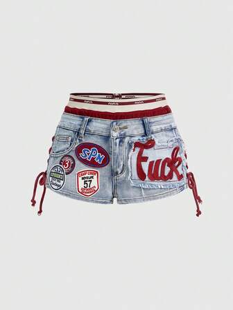 ROMWE Avant Damen Y2K Retro Jersey Sport Ballerina Stil Grafik Logo Stickerei Schnürung Taille Kontrast Farbe sexy Mini Skinny Jeans Shorts