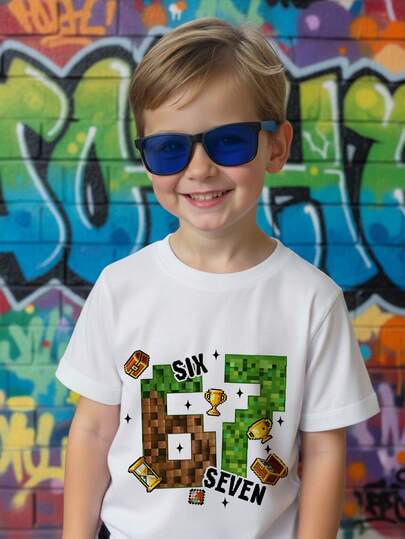 SHEIN Pojkar Casual, Modern Klassisk, Cool Stil, Vintage Amerikansk, Sportig Stil, Nummer "67" Tryck, 6&7, Kortärmad Rund Hals T-shirt, Lämplig för Vår/Sommar, Höst/Vinter
