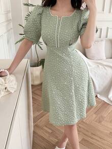 Feyla 女士提花仿珍珠装饰泡泡袖优雅迷你连衣裙 - 綠色 - 查看 6