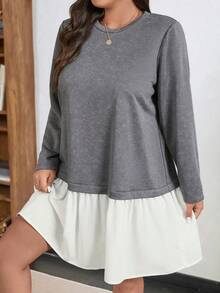 SHEIN LUNE 大码撞色拼接荷叶边圆领秋冬加厚灰白撞色拼接长袖连衣裙，适合节日派对穿着，女士派对礼服 - 黑與白 - 查看 6