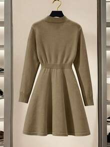 SHEIN Franclia New Autumn V-Neck Waist Cinched Knitted A-Line Dress, Elegant And Intellectual - Khaki - View 2