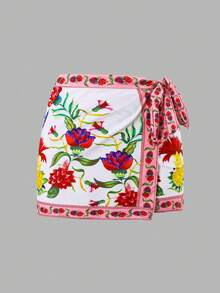 Swim Oasis 女士沙滩装 - 波西米亚风印花，深V领花卉饰边，时尚休闲性感度假连体泳衣带裙 - 彩色 - 查看 5