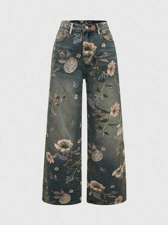 Petite Vintage Floral Print Washed Loose Wide-Leg Jeans For Women
