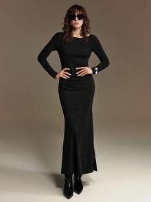 Ontre 2026春夏新款女士修身简约百搭超长连衣裙，都市通勤商务休闲装，情人节派对、婚礼宾客、度假等场合的优雅之选 - 黑色 - 查看 5