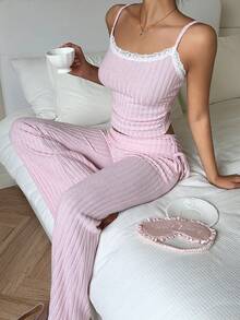 CovetEZ 2pcs/Set Women Casual Pink Camisole & Pants Set Women's Casual Wear Set, 2026 New Style, Pink Comfortable Lace Fashionable Versatile Basic Casual Pink Camisole And Flared Drawstring Fold-Up Long Flared Pants Set - Pink - View 3