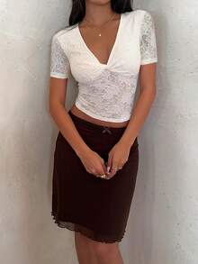 Aloruh 女士假日系列：白色套头短袖上衣；性感低胸修身针织提花露脐上衣；百搭修身短袖蕾丝上衣；适合海滩度假、音乐节和日常穿着。扭结前襟蕾丝上衣 - 米色 - 查看 7