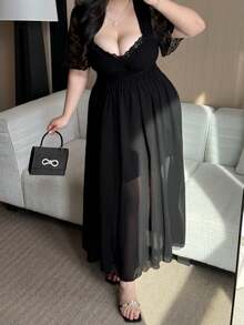 Vibekara 春夏秋三季优雅度假风法式雪纺蕾丝拼接荷叶边袖子修身A字裙 - 黑色 - 查看 3