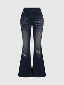 ROMWE Grunge Punk Quần jean ống loe cạp thấp Y2K Vintage Millennium gợi cảm rách chéo trang trí cho nữ - màu đen - Xem 1