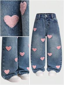 SHEIN Girls Heart Embroidery Loose Straight Leg Jeans, Fashionable & Versatile Young Girls Baggy Jeans Y2k Wide Leg Jeans Girls Baggy Girls Jeans Loose Jeans New Arrival 2026 Aesthetic Clothes For Teens Girls' Jeans, New Arrival For  2026, Light Wash Denim With Heart Embroidery, Relaxed Straight Leg, Versatile For Holidays, Casual Outings, School, Parties, Christmas And More Young Girl Heart Embroidered Casual Wide Leg Distressed Washed Denim Jeans, Suitable For Spring, Summer, Autumn, Winter, Street
