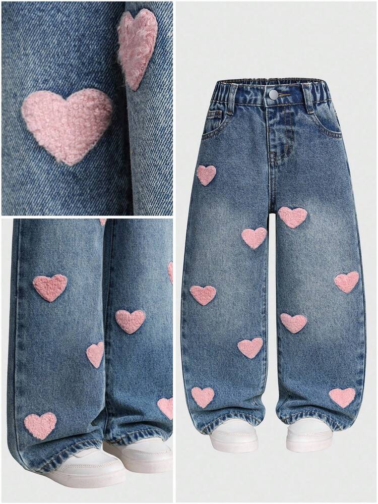 Jeans rectos holgados con bordado de corazón para niñas, de moda y versátiles - Azul lavado medio - Añade 2