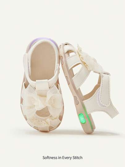 Cozy Pixies 1 Pair Cute Baby Girl Sandals, Hollow Design, Breathable, Bowknot Floral Decor, Hook And Loop Strap, Soft & Comfortable, Versatile Princess Sandals