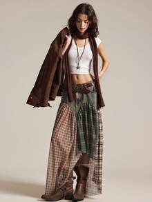 Easelle 女士休闲拼接格纹不对称下摆牛仔裙 - 藍色 - 查看 4