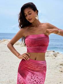 Opulessa 女士度假针织网眼印花修身抹胸上衣和低腰紧身鱼尾裙两件套 - 粉色 - 查看 3