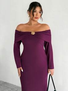 Firerie Abito aderente da donna con spalle scoperte, decorazione e maniche a campana, elegante e sofisticato, in stile romantico, taglie comode - Bordò - Visualizzare 2