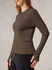 OutZeal 女士保暖内衬柔软圆领侧袋长袖棕色户外T恤，秋冬季日常休闲款
