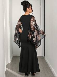 Modelyn 大码优雅派对亮片刺绣网纱拼接鱼尾连衣裙 - 黑色 - 查看 3