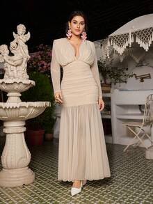 VOLUPTÉ CURVE Plus Size Spring And Summer Ivory V-Neck Long Sleeve Ruched Mesh Floor-Length Dress For Formal Occasions, Parties, Going Out, Graduation, Birthdays - Apricot - View 4