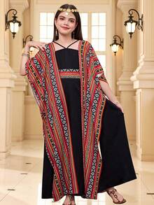 SHEIN Tween Girl Print Shawl Collar Criss-Cross Dress, Spring/Summer - Multicolor - View 4