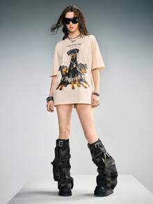 ROMWE Street Life Women's Vintage Doberman Pinscher PUNK Print Distressed Washed Short Sleeve T-Shirt - Khaki - View 3