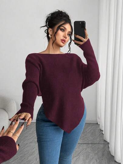 Elenzga Suéter holgado de manga larga y hombros descubiertos para mujer de talla grande, jersey de talla grande favorecedora para otoño/invierno