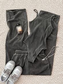 Teen Girl's Fashionable Washed Gray Fabric Camisole Jumpsuit With Long Pants, Spring/Summer - Dark Grey - View 2