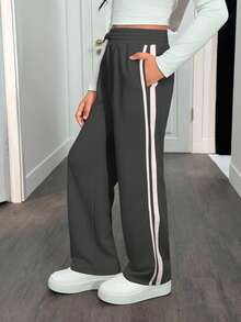 SHEIN 少女宽松抽绳腰休闲日常时尚运动裤 - 深灰色 - 查看 4