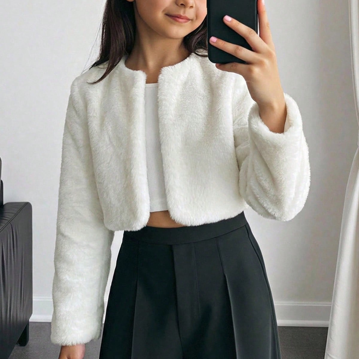 Chaqueta de piel sintética minimalista para niña preadolescente, adecuada para fiestas y uso al aire libre, otoño/invierno
