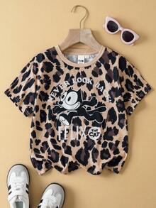 SHEIN Felix The Cat Camiseta de manga corta con estampado de leopardo y eslogan de dibujos animados, de estilo casual y chic para uso diario y paseos, para niñas, verano - Café integral - Ver 1