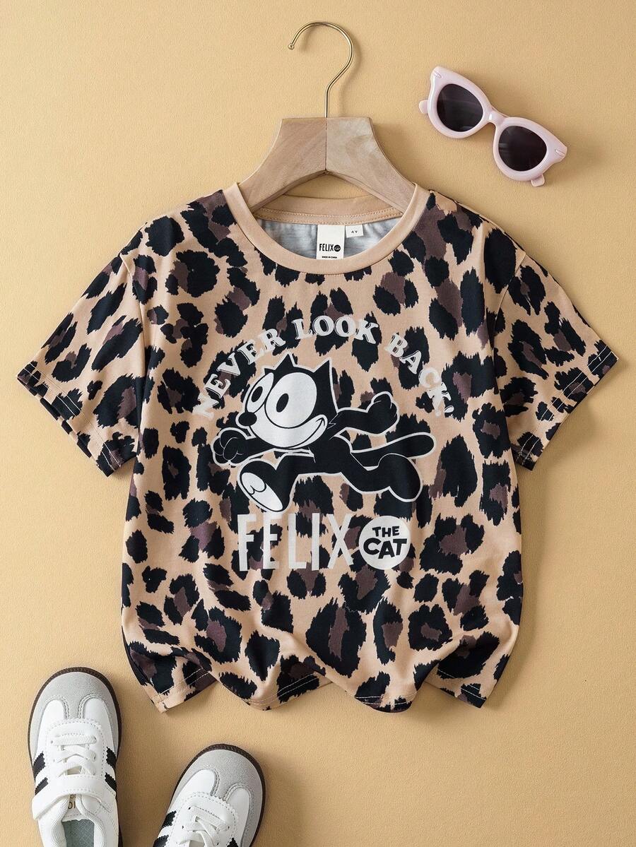 SHEIN Felix The Cat Camiseta de manga corta con estampado de leopardo y eslogan de dibujos animados, de estilo casual y chic para uso diario y paseos, para niñas, verano - Café integral - Ver 1