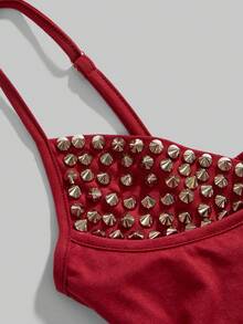 ROMWE Grunge Punk Sexy Halloween Dark Punk Rivet Patchwork Women Top - Red - View 3