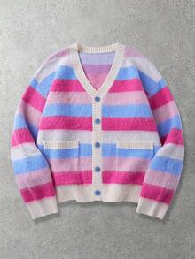 ROMWE MEN Áo khoác cardigan nam cổ chữ V cài nút, phối sọc tương phản, kiểu dáng thường ngày, thích hợp cho mùa thu/đông. - Nhiều màu - Xem 1