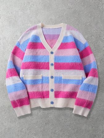 Men's Casual Contrast Striped Pattern V-Neck Button-Up Cardigan, Suitable For Autumn/Winter