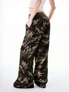 Bloopia Women's Casual Camouflage Print Drawstring Waist Wide Leg Pants - Coffee Brown - View 3