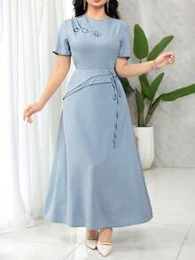 Feyla Women's Elegant Dusty Blue Summer Midi Dress,Round Neck Short Sleeve Waist Tie Cinched Design,Perfect For Garden Party,Vacation And Baby Blue Events - Blue - View 7