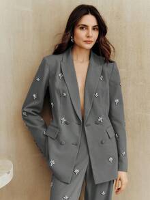 Anewsta 女士时尚简约奢华现代高端装饰收腰女士西装外套、晚礼服、节日礼服 - 灰色 - 查看 7