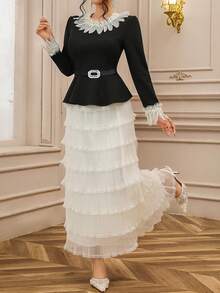 DAZY 2件套优雅法式花卉网纱拼接迷你连衣裙，女装 - 黑色 - 查看 3