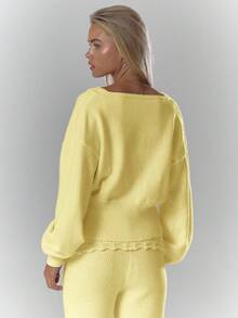 MUSERA Soft Rib Crochet Knit Crossover Detail Cinched Long Sleeve Top Only Fall Autumn Cosy Cute Casual Coffee Club  Chic Spring Y2k - Yellow - View 2
