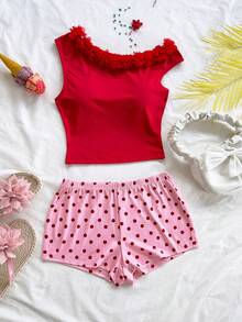 Soleia Women's Cute Everyday Summer 2-Piece Set,Red Polka Dot Asymmetric-Shoulder Crop Top & Bodycon Shorts For Party,Beach,Christmas,Valentine's Day,Cruise - Multicolor - View 3