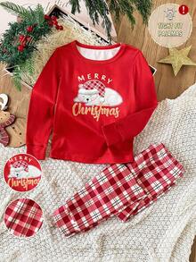 2 件套少女可爱狗狗印花长袖上衣和紧身裤睡衣套装